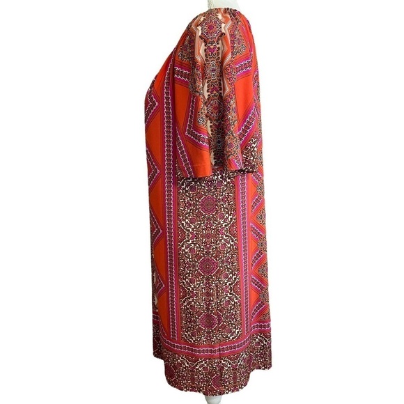 Chico’s Dress Orange and Pink Pattered Midi Key Hole Front Looose Style Size 1 - Picture 8 of 10